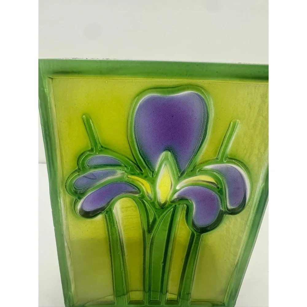 Art Nouveau Glass Block Stain Glass Bud Vase Vessel Purple Iris Romania 1985 7